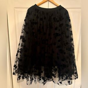 Black Floral Tulle Midi Skirt